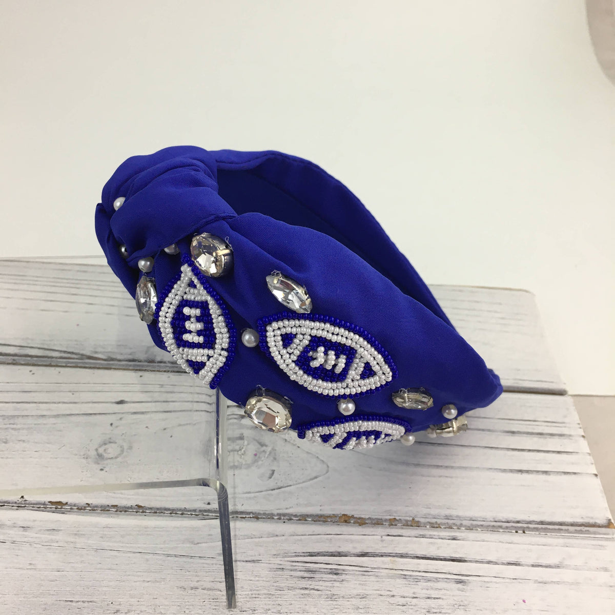 Blue & white beaded football knot headband
