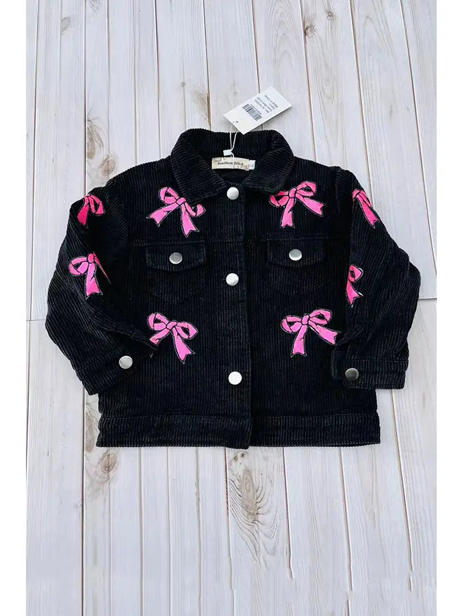 Pink Sequin Bow Black Corduroy Jacket