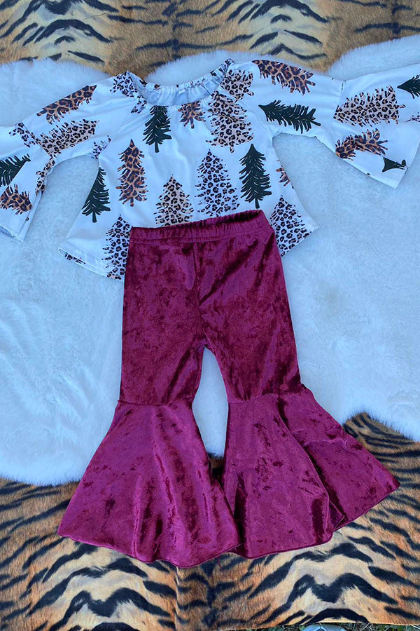 Green & Leopard trees print top velvet bell bottom
