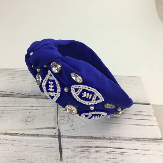 Blue & white beaded football knot headband