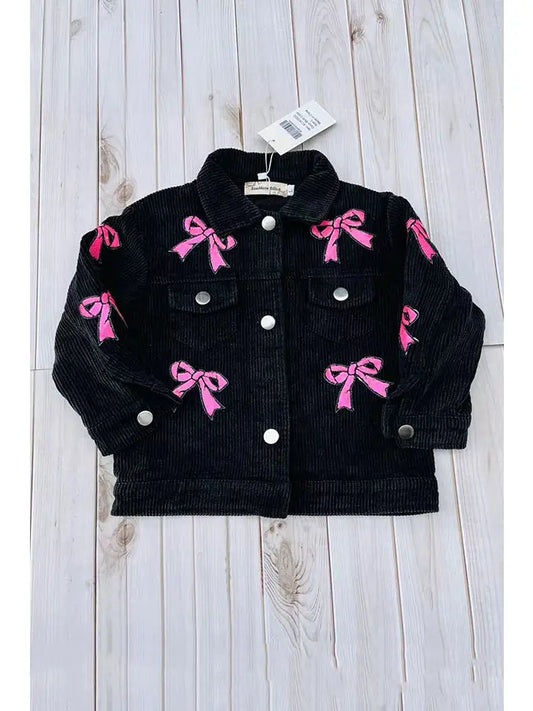Pink Sequin Bow Black Corduroy Jacket