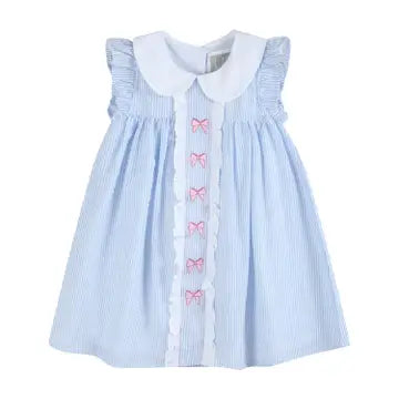 Blue Seersucker Dress with Pink Bows