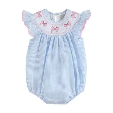 Blue Seersucker Pink Bow Romper