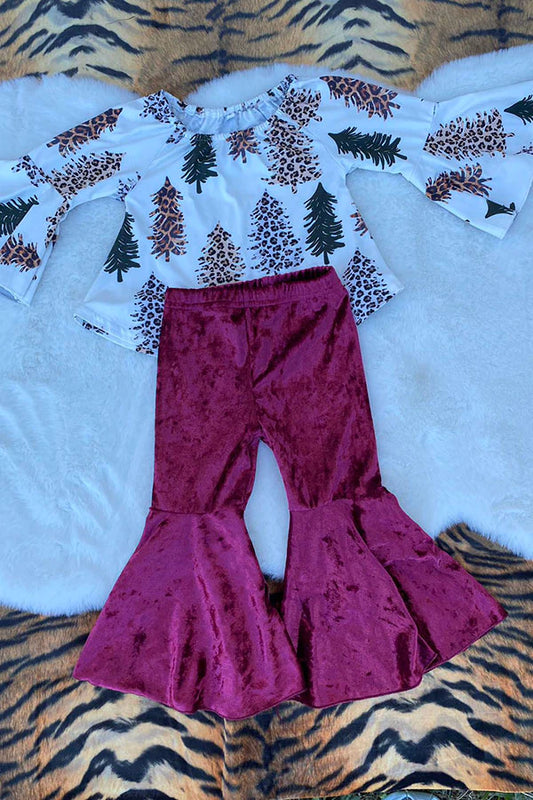 Green & Leopard trees print top velvet bell bottom