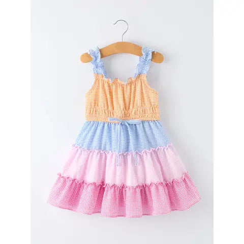 Colorblock Gingham Ruffle Dress