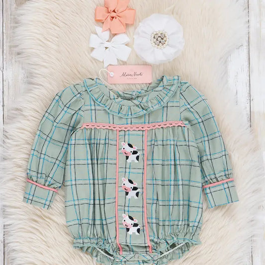 Mint Plaid Embroidered Cow Bubble