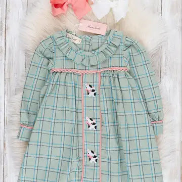 Mint Plaid Embroidered Cow Dress