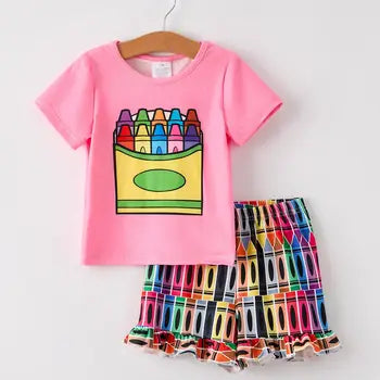 Ruffled Crayon Print Shorts Set
