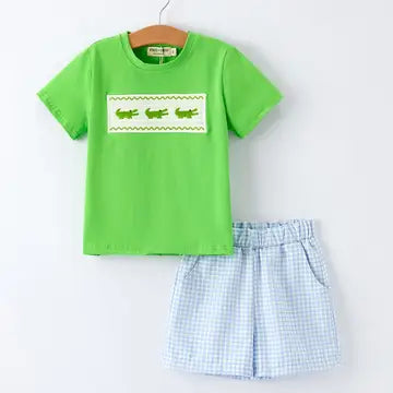 Crocodile Embroidered Plaid Shorts Set