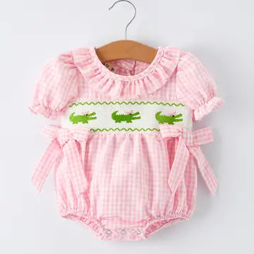 Crocodile Pink Plaid Smocked Romper