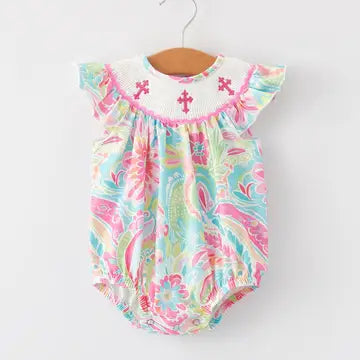 Cross Smocking Embroidery Romper
