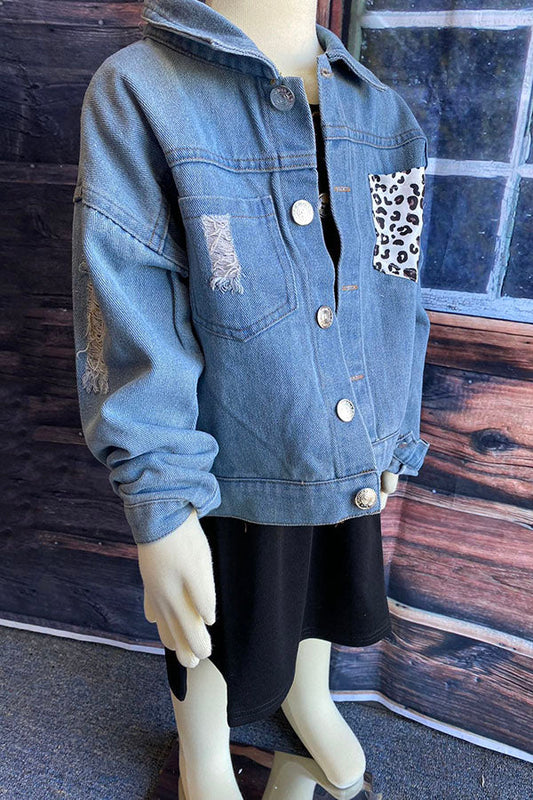 Blue denim girls jacket with leopard pocket