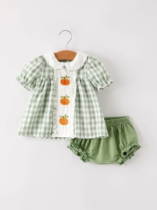 Green Plaid Pumpkin Romper Set