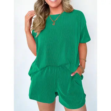 Striped Round Neck Top and Shorts Two-Piece Set