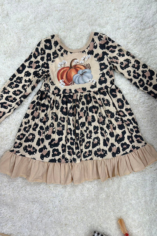 Cheetah & pumpkins ruffle long sleeve dress