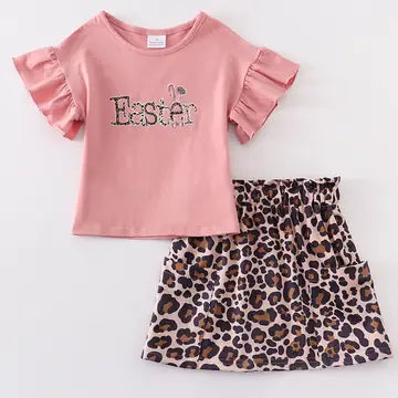 Pink "Easter"Leopard Skirt Set