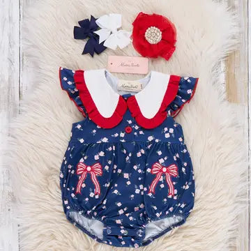 Navy Romper With Red/White Bows