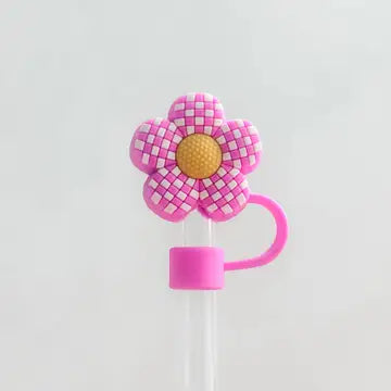 Checkered Flower Fuchsia Straw Cover