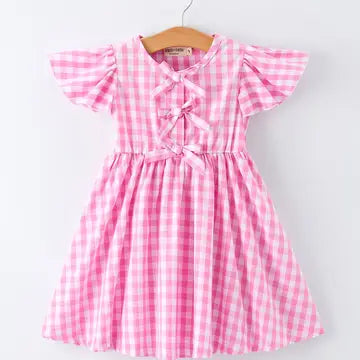 Pink Plaid Dress Bow Flutter Sleeve