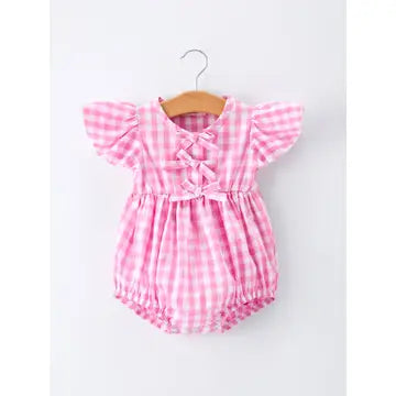 Pink Plaid Romper Bow Flutter Sleeve