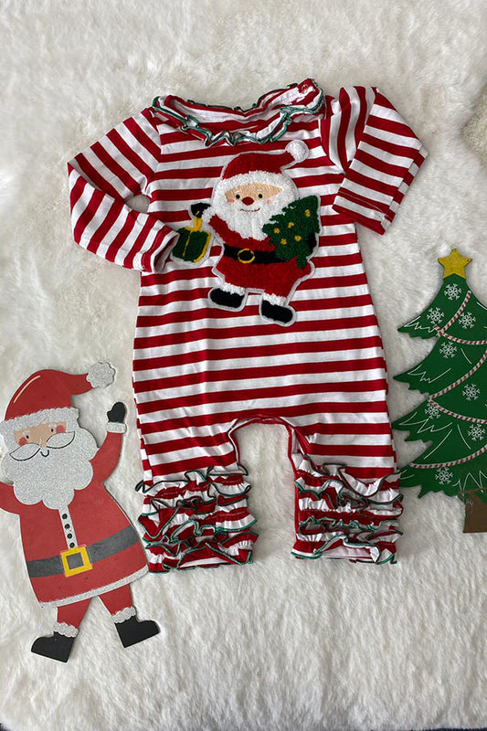 Chrismas red/white striped Santa embroidery patch baby onesie w/ruffles