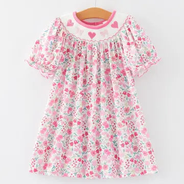 Smocking Heart Bow Embroidery Girls Dress