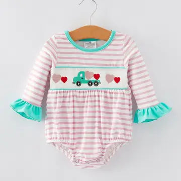 Valentine's Day Ruffle Stripe Smocking Girls Romper