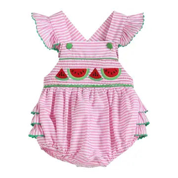 Pink Striped Watermelon Smocked Romper