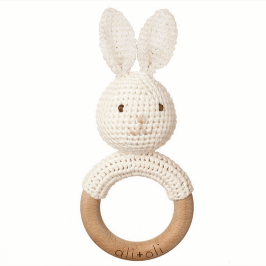 Bunny Teething Toy Rattle Wood Ring