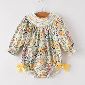 Fall Smocking Bow Floral Leaf Romper