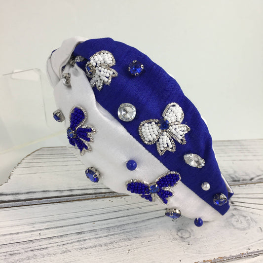 Blue & white bow headband 