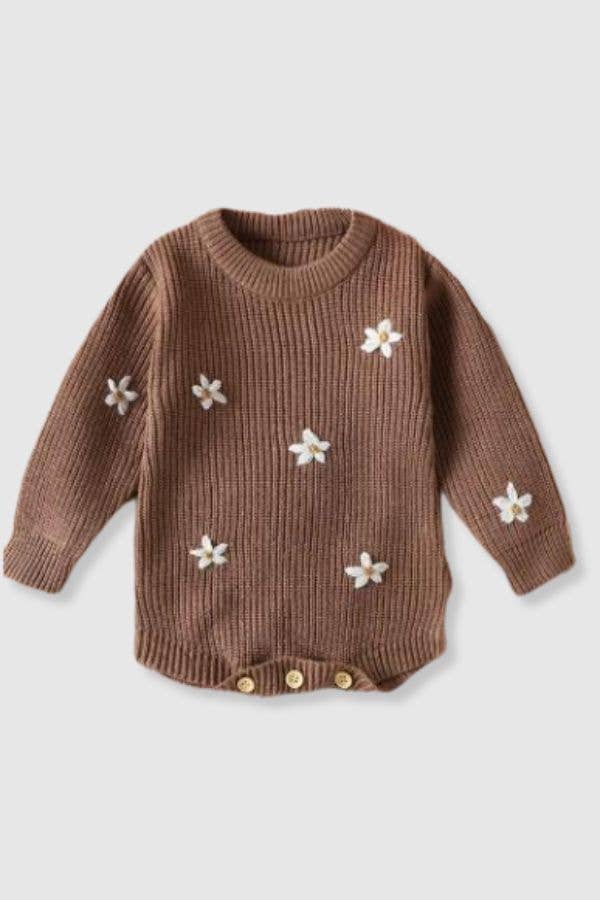 Brown Knit Sweater Onesie with Flowers