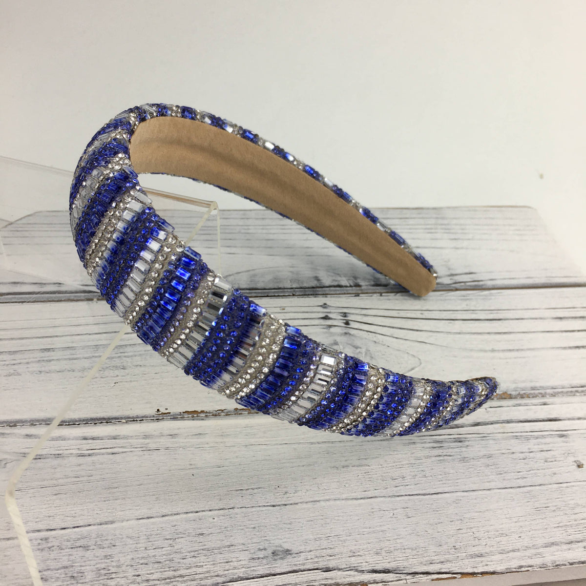Blue and white rhinestone stripe headband 