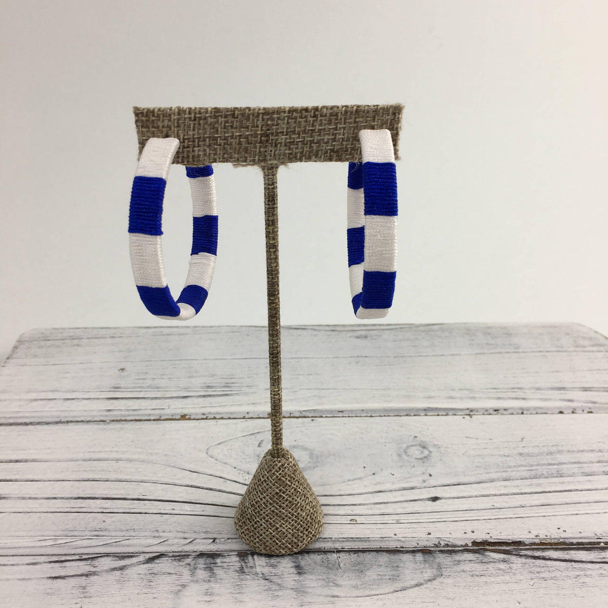 Blue & white threaded hoop earrings 