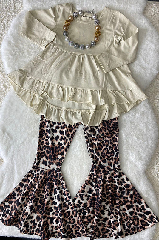 Beige high-low long sleeve top leopard flare leg girls sets